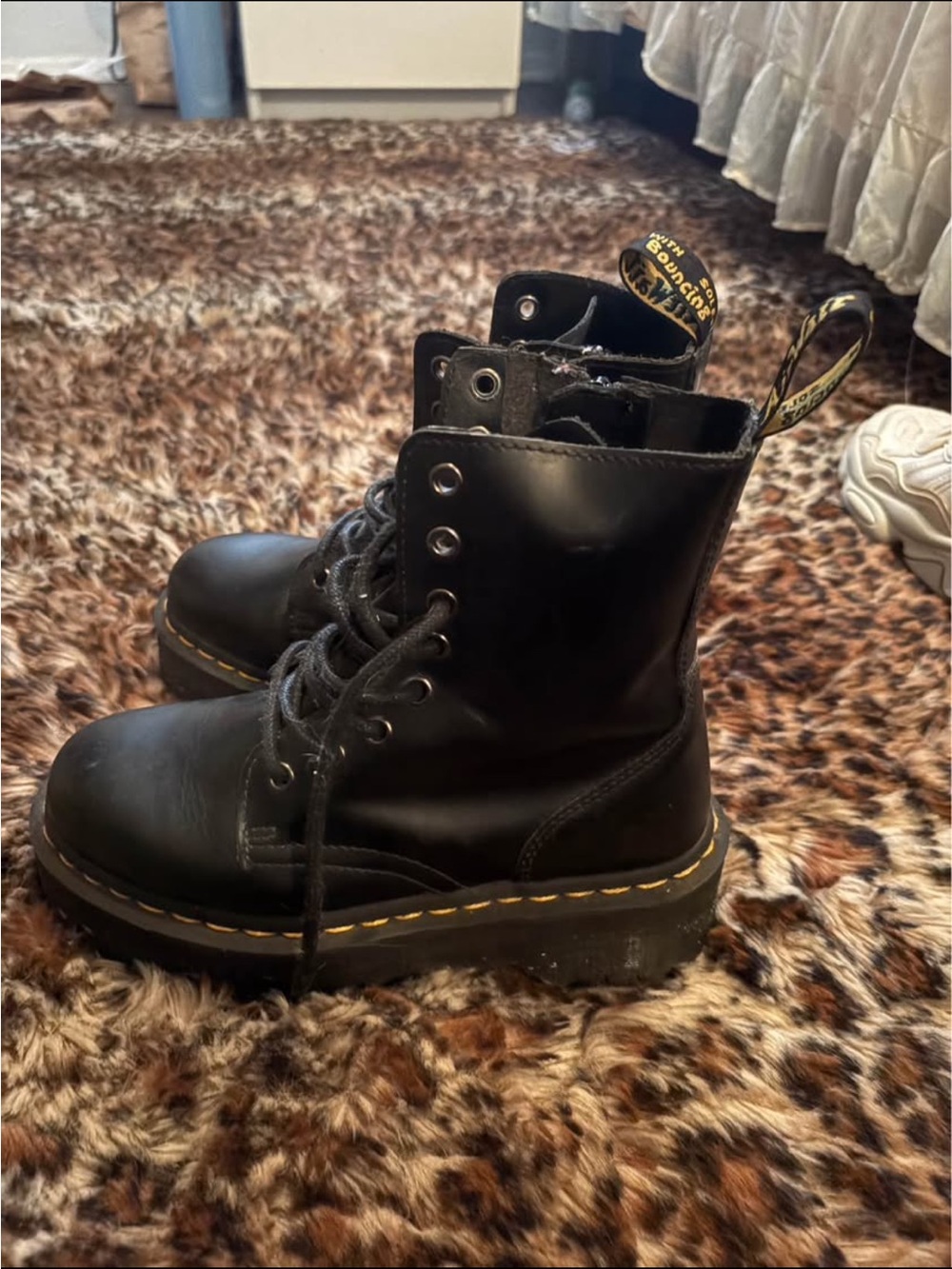 Dr. Martens Black Leather Combat Boots with Yellow Stitching